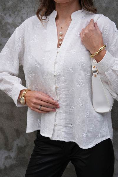 FancyWorld Блуза с флорална бродерия, копчета и яка с копчета, 80% памук