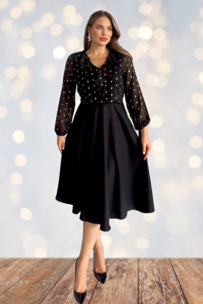 ZISHAN Fırfırlı Ruffled Yaka, Puantiye Desenli Büyük Beden Şifon Elbise 2666