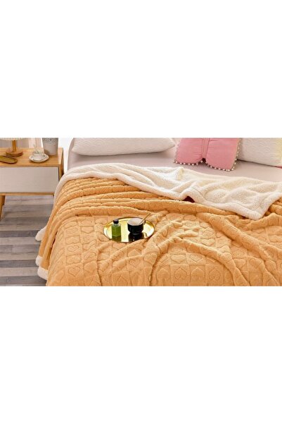 OEM CoCoLiNo blanket with fur, embossed hearts, 200x230cm,, Yellow