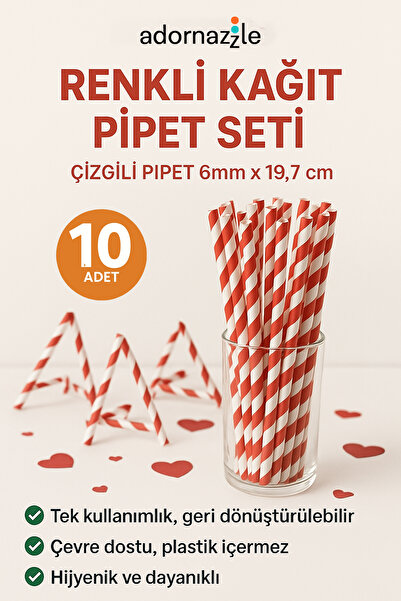 adornazzle Renkli Kağıt Pipet Seti, Tek Kullanımlık Pipet, Çizgili Pipet 6mmX19,7cm