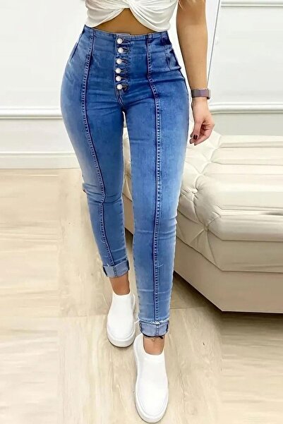 dk denemekabini Women's High Waist Button Front Jean Pants - Light Blue