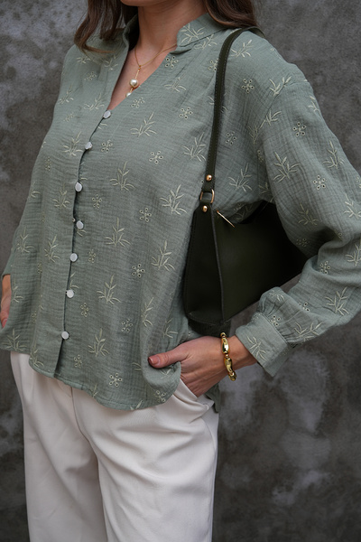 FancyWorld Floral Pattern Embroidered Buttoned High Neck 80% Cotton Blouse