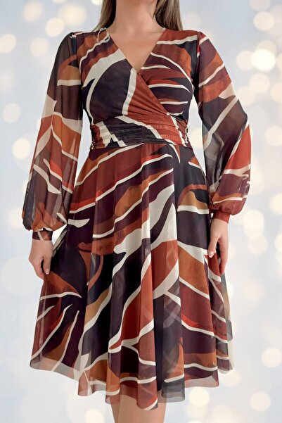 ZISHAN Large Size 42-48 | Double-Breasted Collar Patterned Chiffon Midi Dress - Coffee Tones 2687