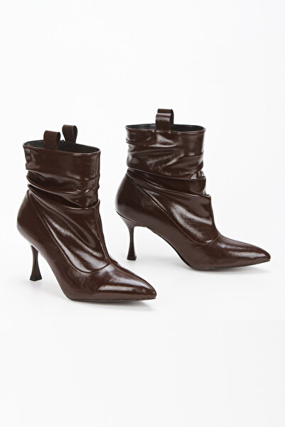 Miss Mitto Women's Brown Patent Leather Pointed Toe Thin Heeled Comfortable Boots with Gusset and Stylish Buckle Detail