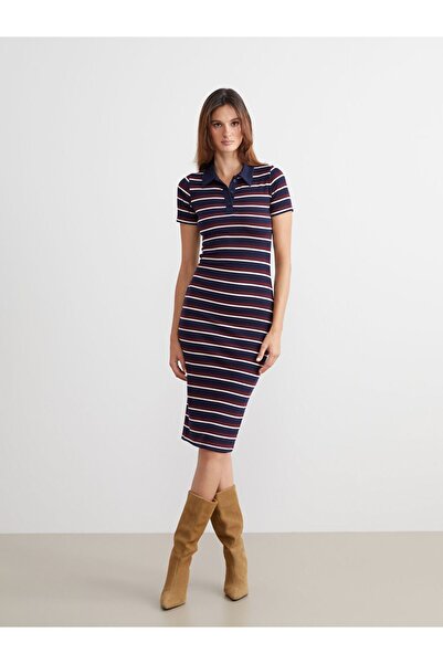 LC Waikiki Lcw Vision Mixed Shirt Collar Striped Bodycon Dress