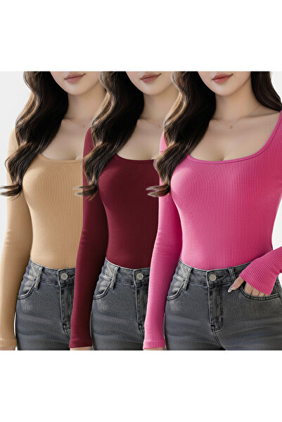 SWALORA طقم بلوزة قصيرة بأكمام طويلة وياقة على شكل حرف U مكون من قماش مجدّل قطع