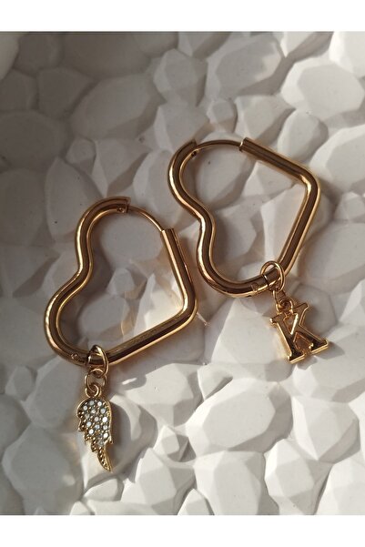 Amabel Jewelerys Heart Steel Earrings with Zircon Angel Wing and Letter Charm