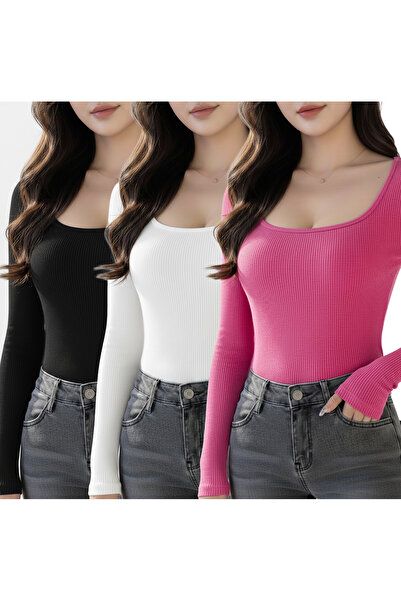 SWALORA طقم بلوزة قصيرة بأكمام طويلة وياقة على شكل حرف U مكون من قماش مجدّل قطع