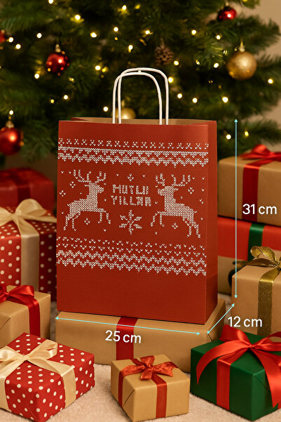 Palifix Orta Boy Kırmızı Kraft Geyik Desenli Burgu Saplı Hediye Poşeti