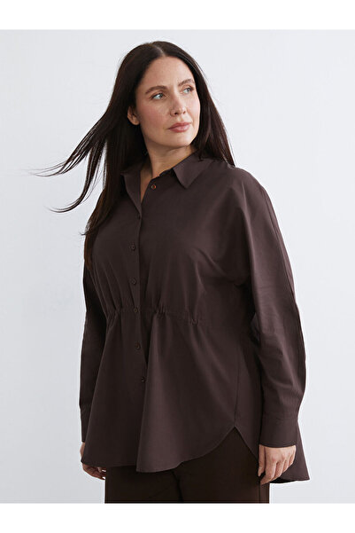 LC Waikiki Kahverengi Büyük Beden Poplin Kadın Gömlek
