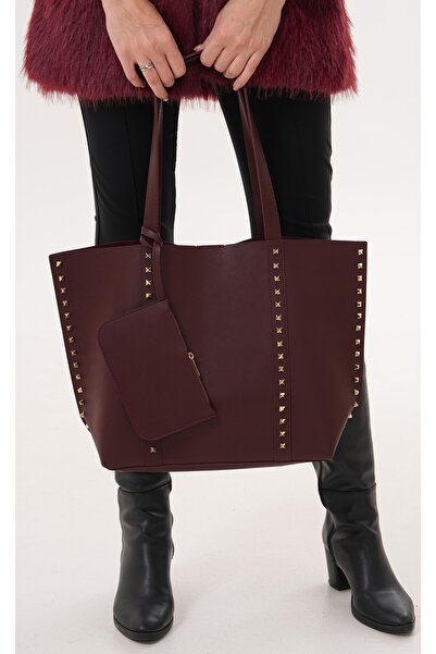 Larolina حقيبة يد وكتف نسائية كبيرة الحجم من جلد الغزال باللون العنابي مع تفا...