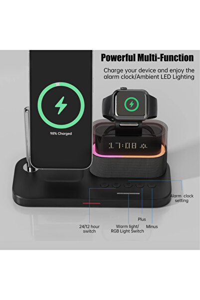 Genaric 5-in-1 Magnetic Wireless Charging Station w. Alarm Clock Night Light - iPhone, AirPods, Apple Watch