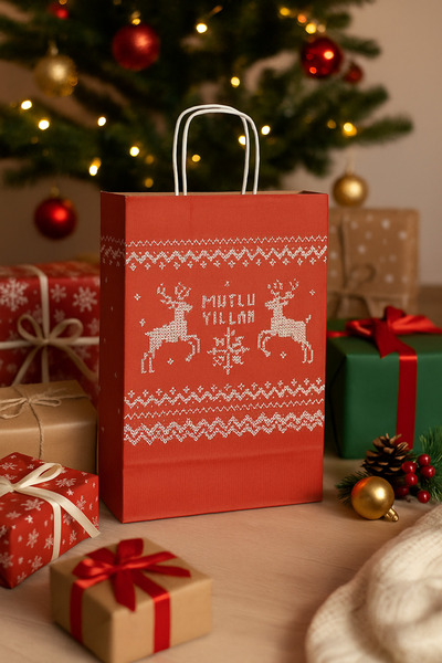 Dekals Ara Boy Burgu Saplı Geyikli Kırmızı Kraft Hediye Çantası 25X12X31