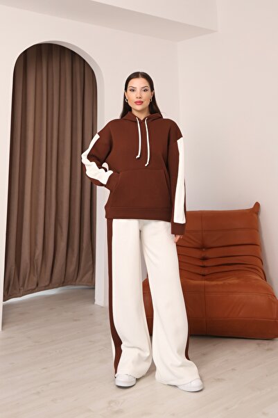 sportiness Paneled Hooded Wide Leg Fleece-Lined Three Thread Tracksuit Set