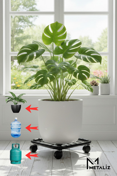 METALİZ YENİLİKÇİ TASARIMLAR Metal Tekerlekli Çok Amaçlı Taşıma Standı Çiçek, Damacana, Tüp Altlığı, Ağır Yük Standı, siyah