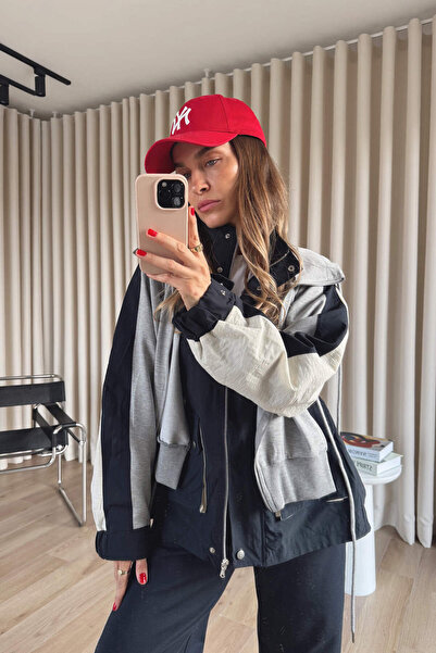 Sue Store Navy Blue Gray Paneled Tracksuit Set