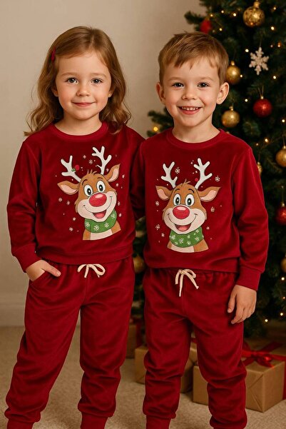ARBİ kids Unisex French Velvet Fabric Deer Christmas Holiday Two-Piece Suit