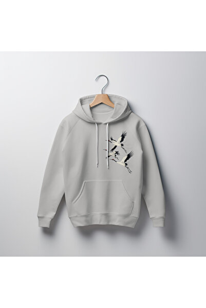 Flying Cranes Baskılı Unisex Standart Fit Kapüşonlu Şardonlu Pamuklu Gri Sweatshirt