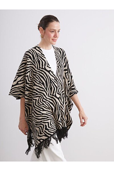 LC Waikiki Lcw Grace V-Neck Zebra Patterned Oversized Women's Knitwear Poncho