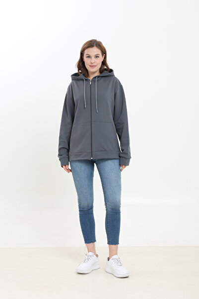 Tight Lady 100% Cotton, No Shearling, 3 Threads, Oversized Wide Fit, Zippered, Hooded Kangru Pockets, Sweatshirt Cardigan
