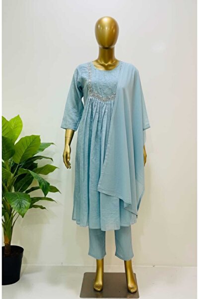 LEEM CLOTHINGS Women Sky blue embroidered Indian Anarkali kurta set with pants and a dupatta.