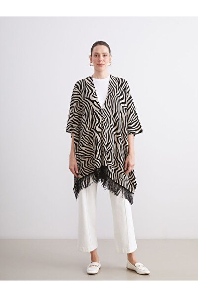 LC Waikiki Lcw Grace V-Neck Zebra Patterned Oversized Women's Knitwear Poncho