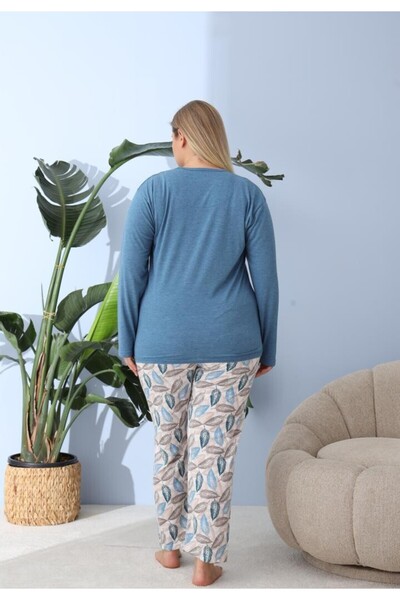 TOSKI Women's Pajamas, Big Size, ''PLAM BEACH" with Pants and Long Sleeves, Blue