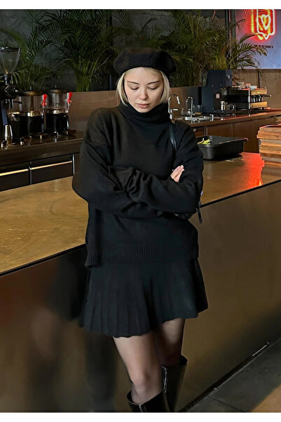 GAJA Women's Pleated Skirt Turtleneck Sweater Bottom Top Knitwear Set