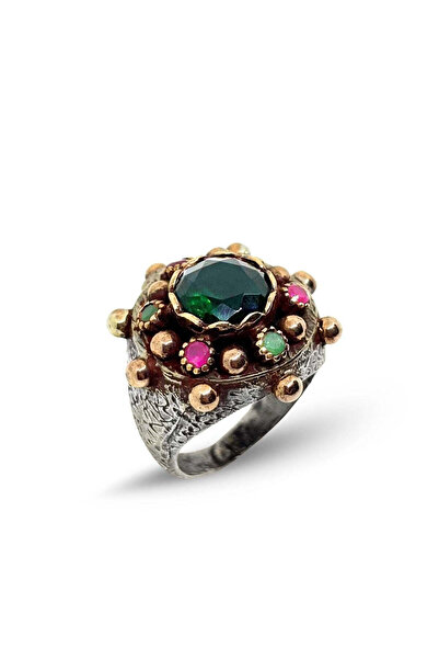 oya silver Yakut Zümrüt Taşlı Otantik Gümüş Retro Kadın Yüzük