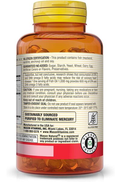 Mason Natural FISH OIL 1000MG SUPER OMEGA-3, 30-Count Softgels