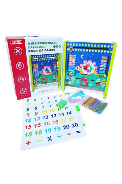 Toyska Educational wooden board in Romanian with calendar and abacus, multicolor