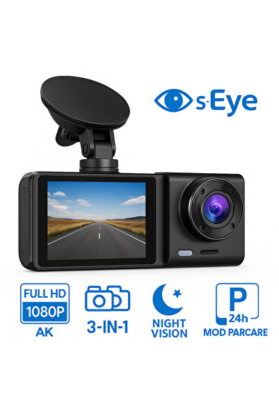 s-Eye Cameră Auto Triplă DriveGuard – Față, Interior și Spate, Full HD 1080P, Senzor-G și Detecție