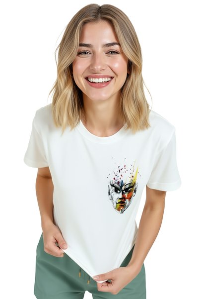 Color Luxe Women's White Relaxed Fit 100% Cotton T-Shirt – Watercolor Abstract Face Printed