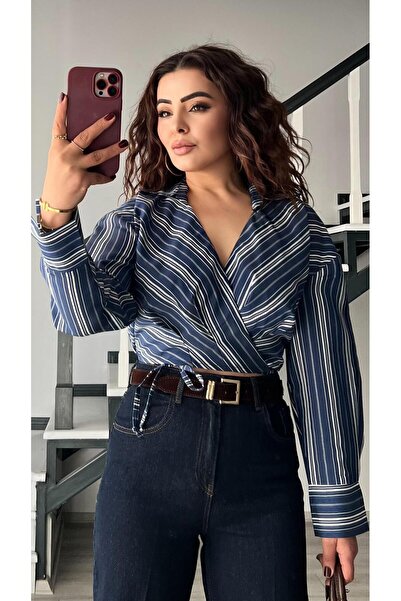 Oslove Navy Blue Striped Double-Breasted Tie Crop Shirt