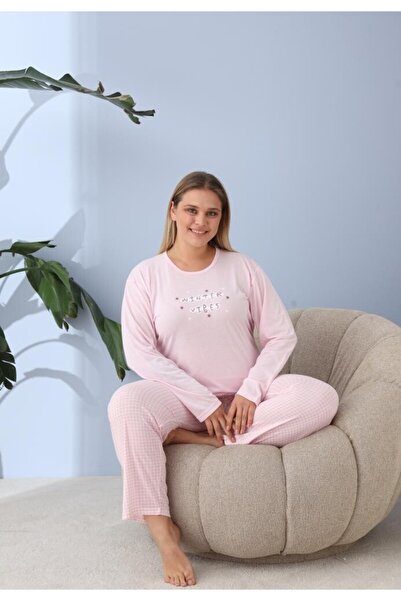 TOSKI Women's Pajamas, Big Size, 'WINTER VIBES" with Pants and Long Sleeves, Pink