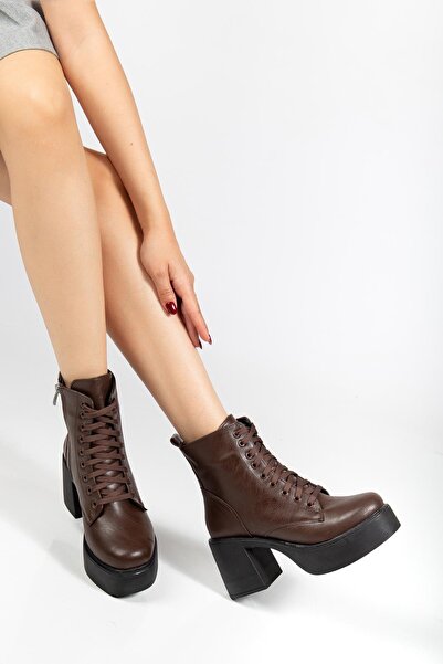 Dilimler Ayakkabı Brown Women's Platform Heeled Boots Lace-Up Zippered