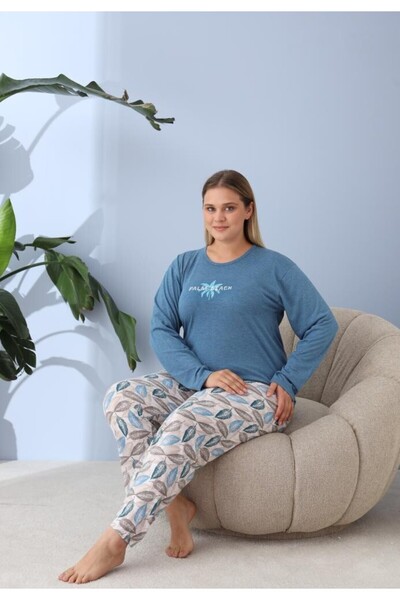 TOSKI Women's Pajamas, Big Size, ''PLAM BEACH" with Pants and Long Sleeves, Blue