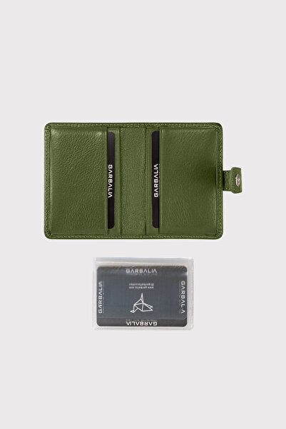 Garbalia Beijing Genuine Leather Unisex Khaki Green Card Holder Wallet with Plenty of Card Holders and External Placket