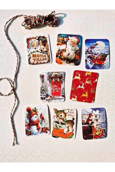 Mia Pera Simli Yılbaşı Etiket Hediye Kart Yeniyıl Kırmızı Beyaz Yeşil İp 8 Ad...