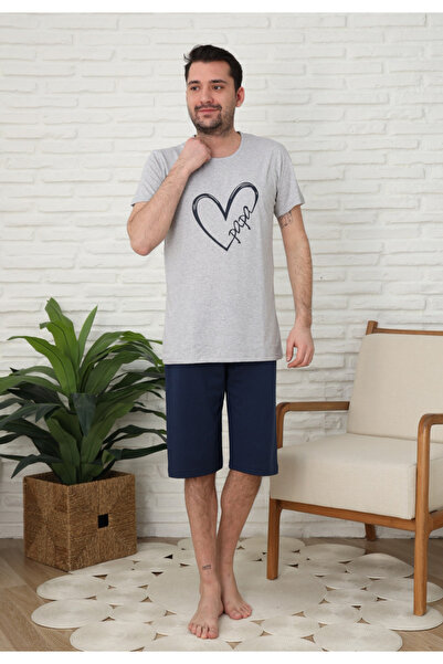 Serena Family pajamas for men, cotton, short sleeves and 3/4 pants, gray color, heart print