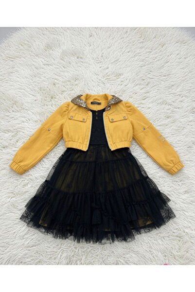 Asyagiyimavm Sarı Kot Ceketli Siyah Tüllü Kız Çocuk Elbise Takımı