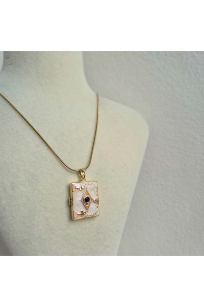 Haze Kararmaz Çelik Kare Mineli Kitap Açılabilir Kolye