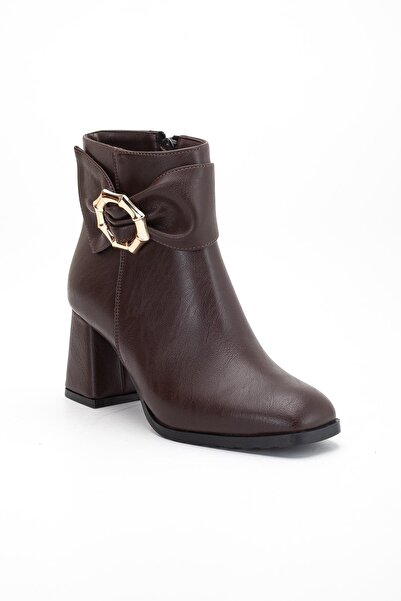 Dilimler Ayakkabı Brown Women's Chunky Heeled Boots with Side Bow Accessory and Blunt Toe