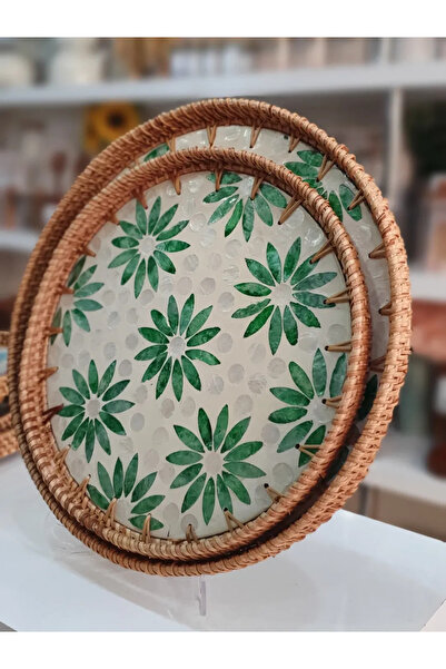akdeniz home MIEN HASIR ÖRGÜ & TABANLI YUVARLAK TEPSİ SETİ