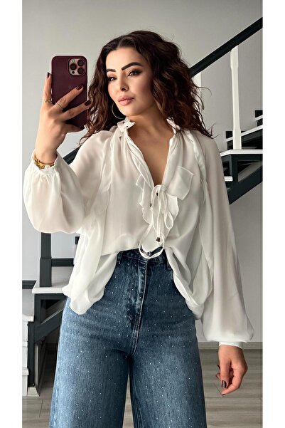 Oslove White Ruffled Shirt with Tie Detail