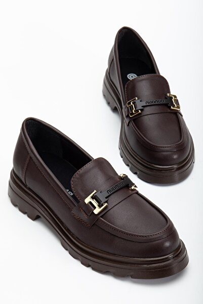 Dilimler Ayakkabı Brown Women's Loafer Casual Shoes Faux Leather with Stone Buckle