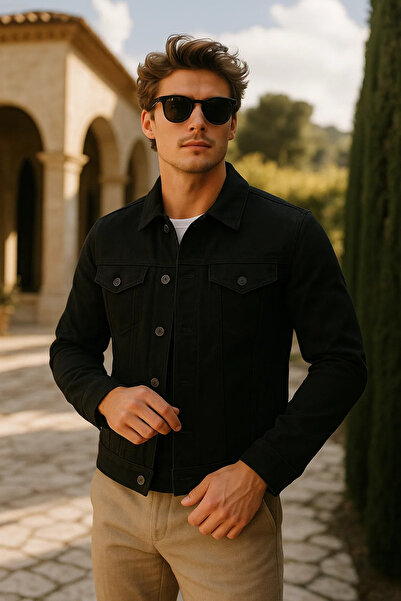 comstar Men's Trend Pocket Slim Fit Classic Black Denim Jacket