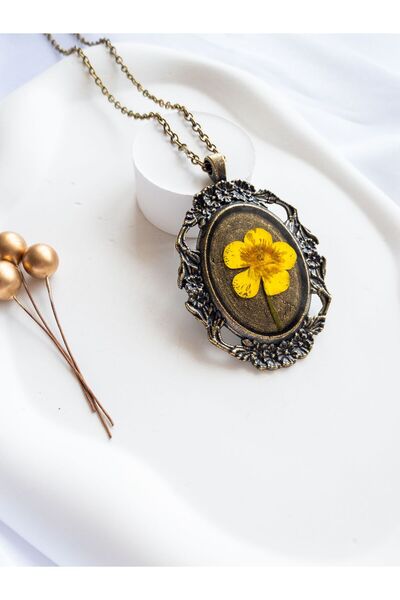 BeuBella Aksesuar Gerçek Sarı Çiçekli Reçine Kolye – El Yapımı Bohem Gotik Ma...