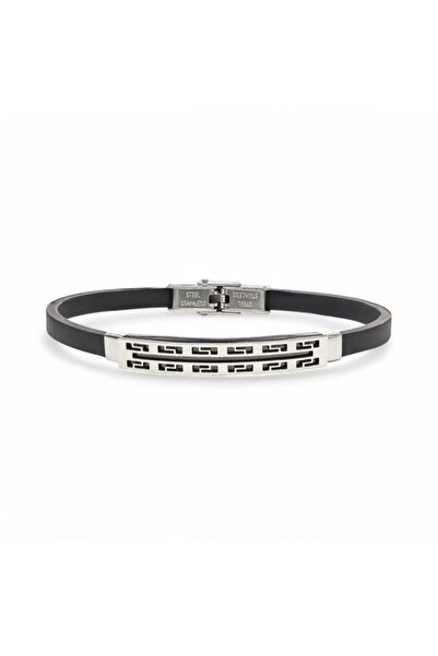 AKSESUARIM Men's Patterned Silicone Cord Steel Bracelet
