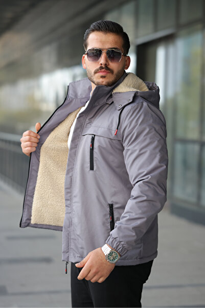 FASİON Men's Fur-Lined Water and Cold-Proof Winter Coat Jacket with Detachable Hood